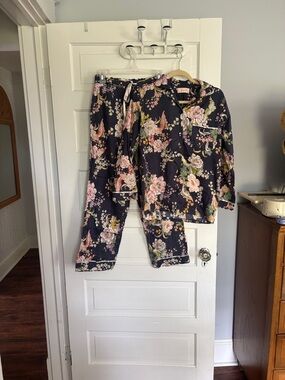 Papinelle Floral Two-Piece Pajama Set - Navy with Pink Roses